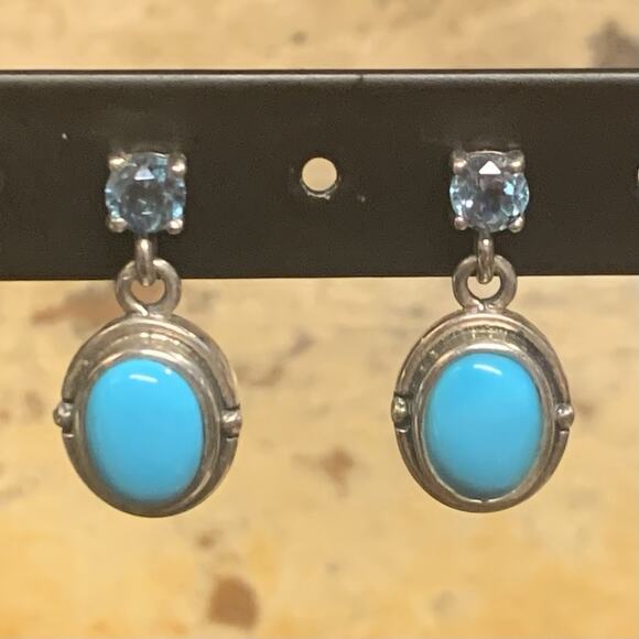Sterling Silver, Sleeping Beauty Turquoise and Blue Topaz Dangle Earrings by NF - Picture 2 of 6